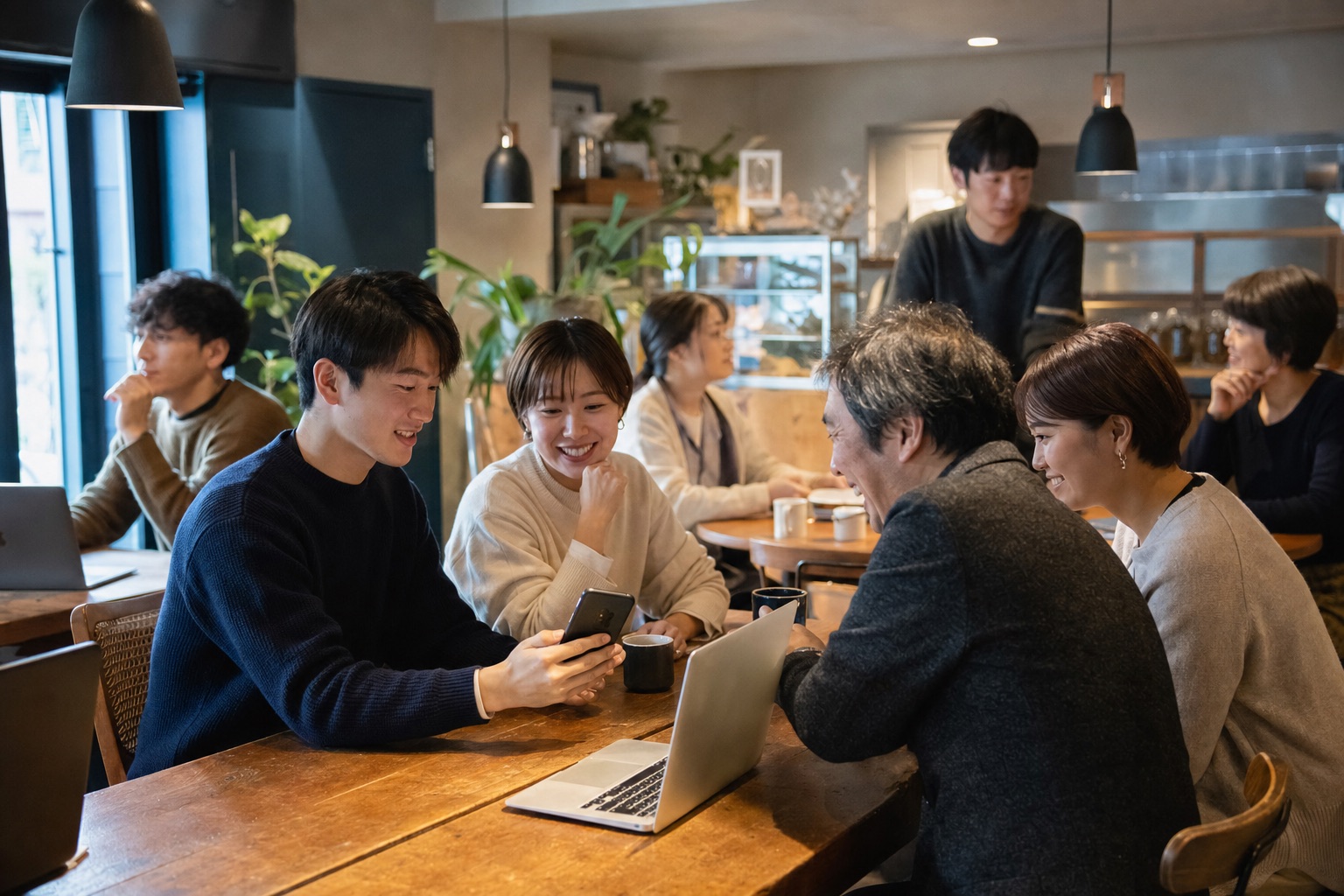 カフェでノートPCを囲んで談笑する参加者たち