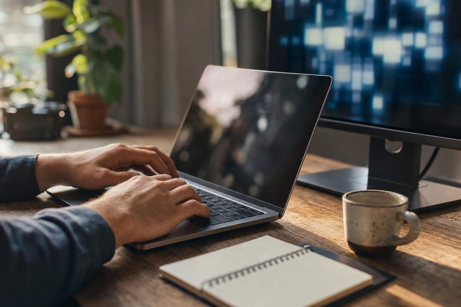 木製デスクでノートPCを操作する開発者の手元