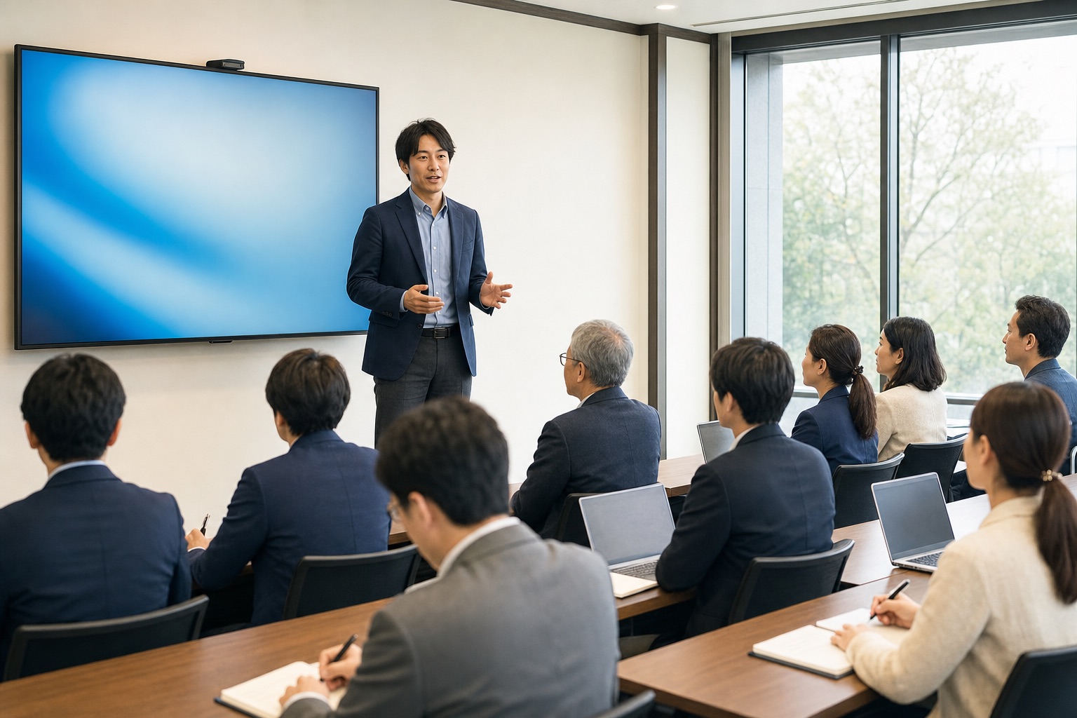 明るい会議室でノートPCを前に研修を受ける社員たち