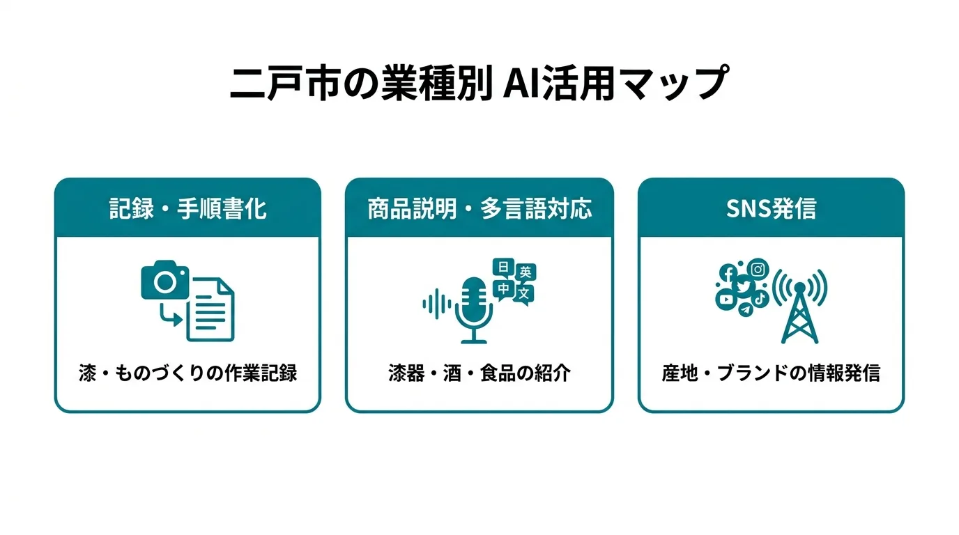 二戸市の地場産業（浄法寺漆・酒造・畜産・農業）とAI活用の3領域（記録・発信・多言語対応）の関係を示す図解