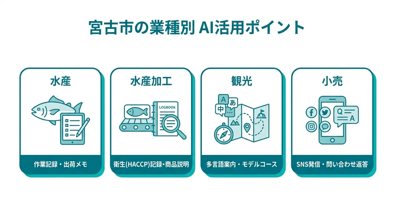 宮古市の産業別AI活用マップ:水産・水産加工・観光・小売それぞれの活用ポイントを示した図解
