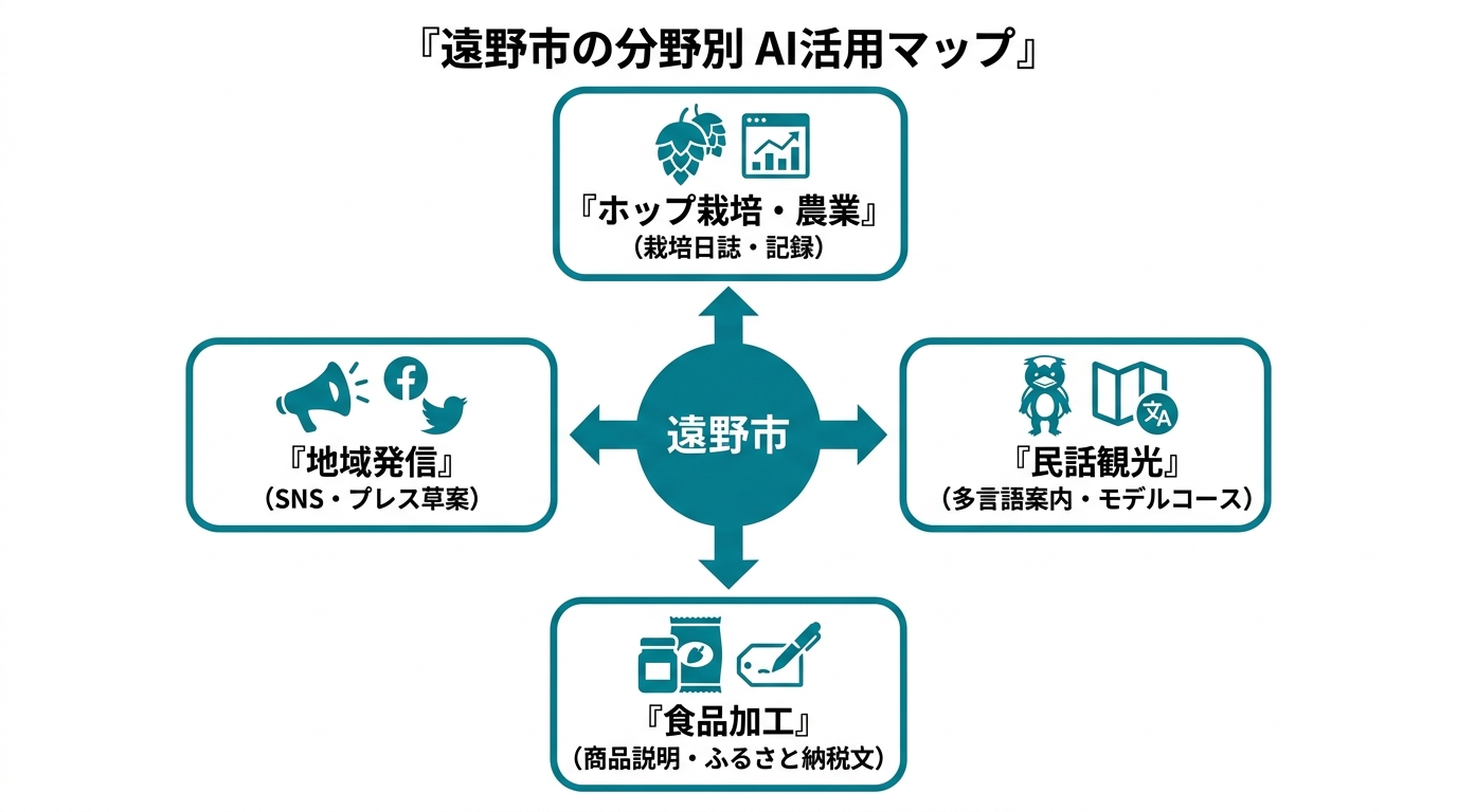 遠野市のAI活用全体像：農業・観光・食品・地域発信の5分野と主な活用シーン
