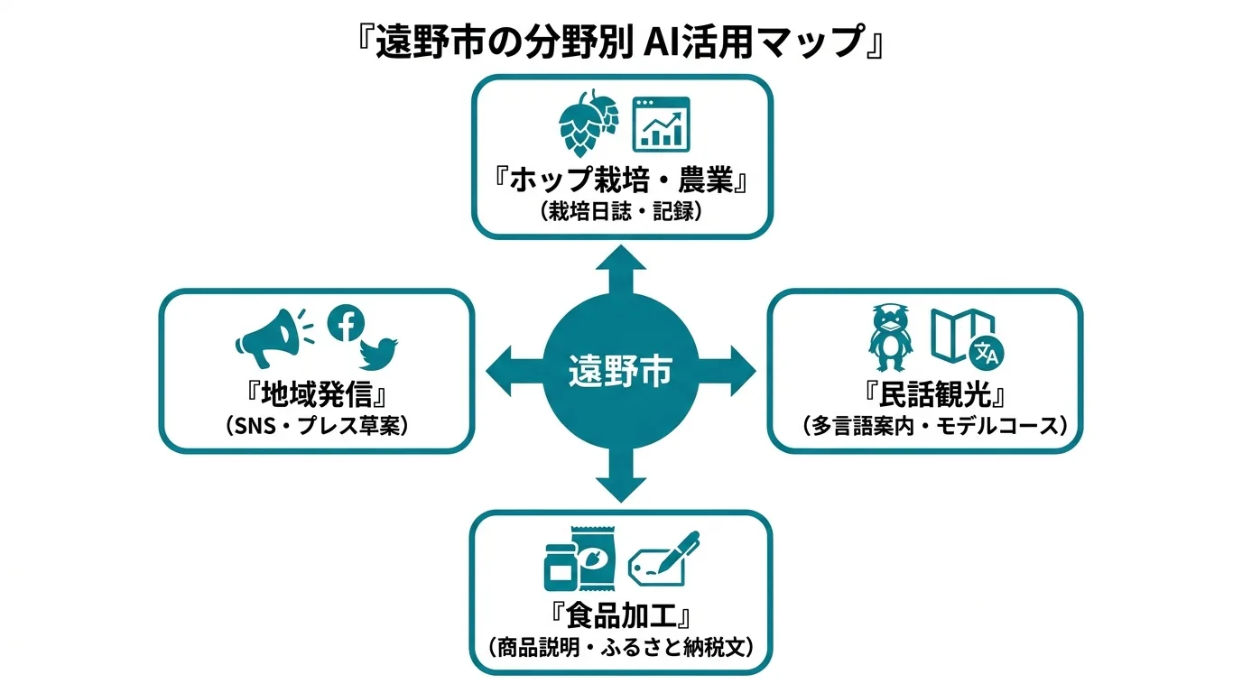 遠野市のAI活用全体像：農業・観光・食品・地域発信の5分野と主な活用シーン