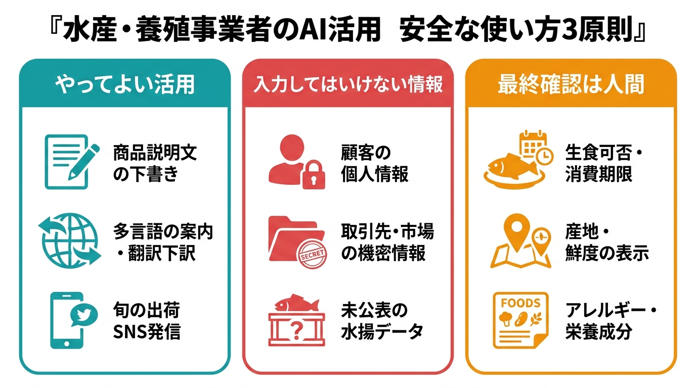 大槌町の水産・養殖事業者がAIを安全に使うための3原則を示す図解。やってよい活用、入力してはいけない情報、最終確認は人間の3列構成。