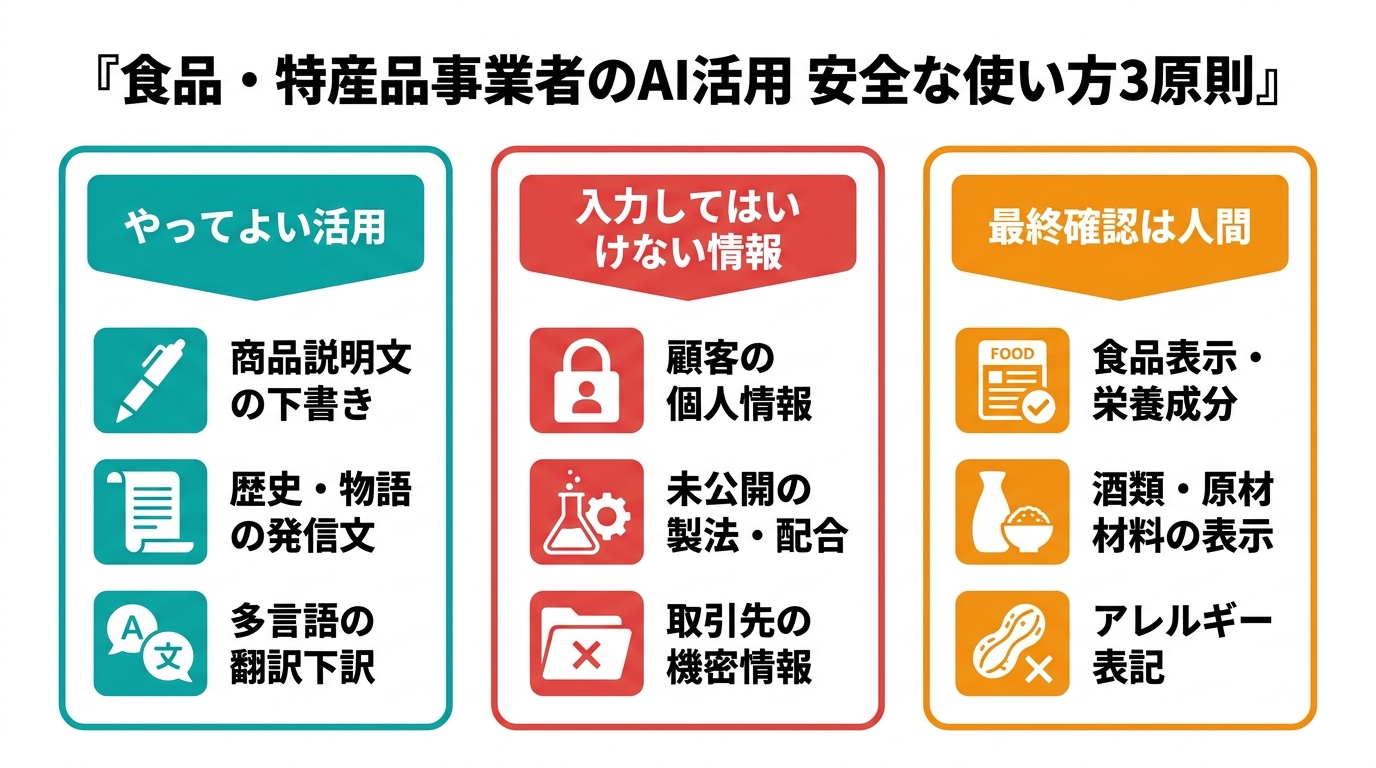 野田村の食品・特産品事業者がAIを安全に使うための3原則を示す図解。やってよい活用、入力してはいけない情報、最終確認は人間の3列構成。