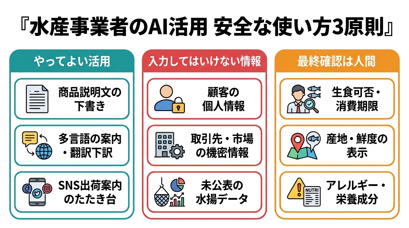 山田町の水産事業者がAIを安全に使うための3原則を示す図解。やってよい活用、入力してはいけない情報、最終確認は人間の3列構成。