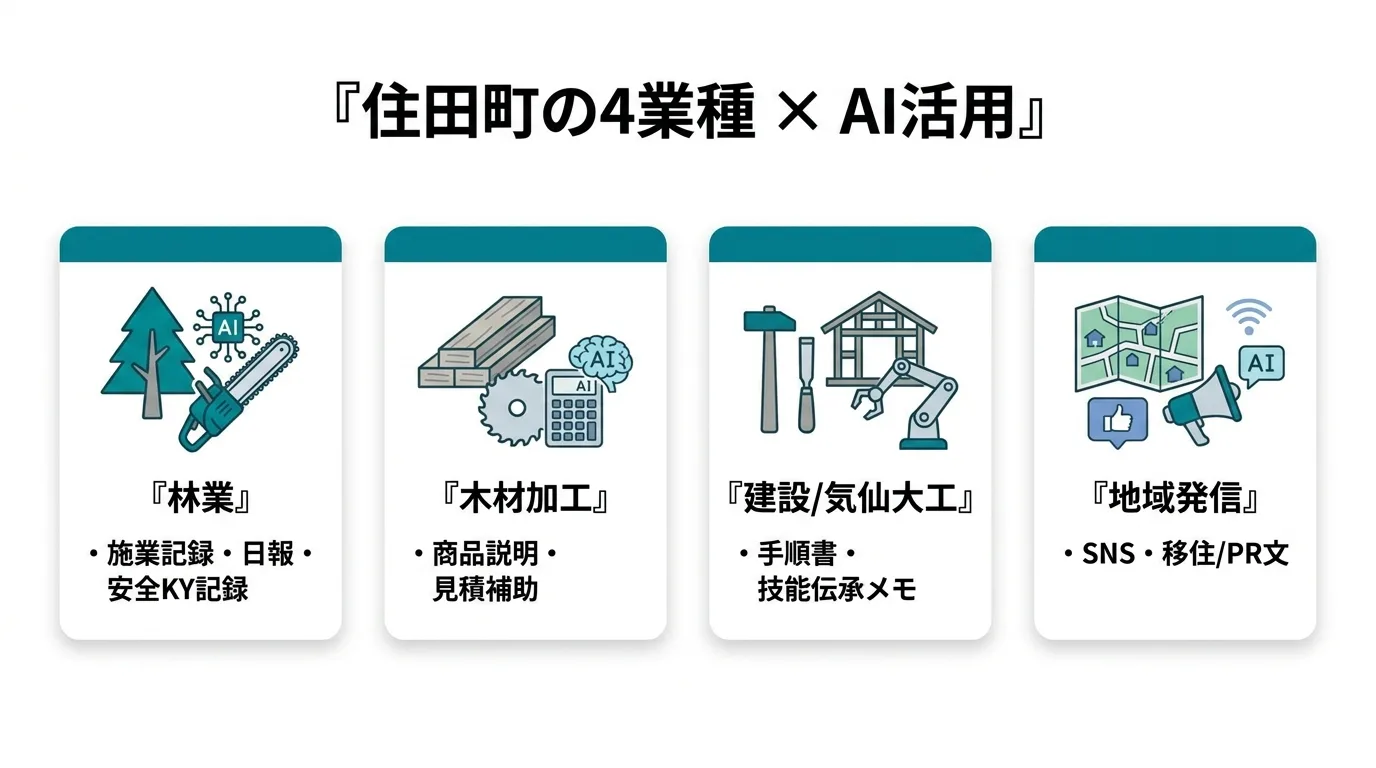 住田町の林業・木材加工・気仙大工事業者向けAI活用マップ：施業記録から手順書・発信まで