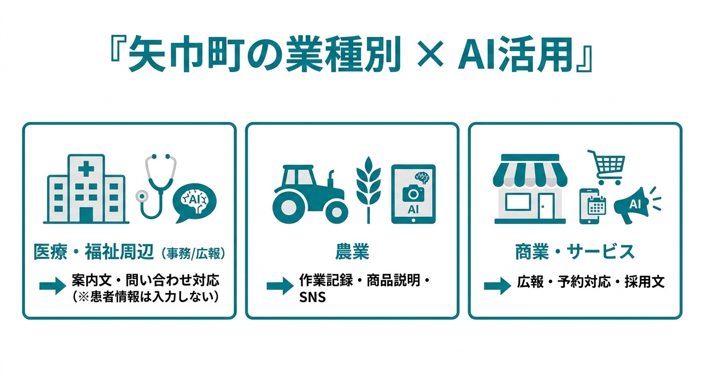 矢巾町の産業別AI活用マップ：医療・福祉周辺、農業、商業サービス、地域発信の4分野と具体的活用シーン