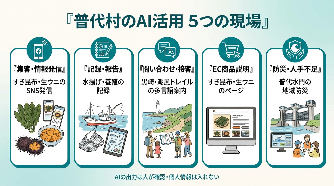 普代村のAI活用 5つの現場。①集客・情報発信(すき昆布・生ウニのSNS発信)②記録・報告(水揚げ・養殖の記録)③問い合わせ・接客(黒崎・潮風トレイルの多言語案内)④EC商品説明(すき昆布・生ウニのページ)⑤防災・人手不足(普代水門の地域防災)。AIの出力は人が確認、個人情報は入れない。