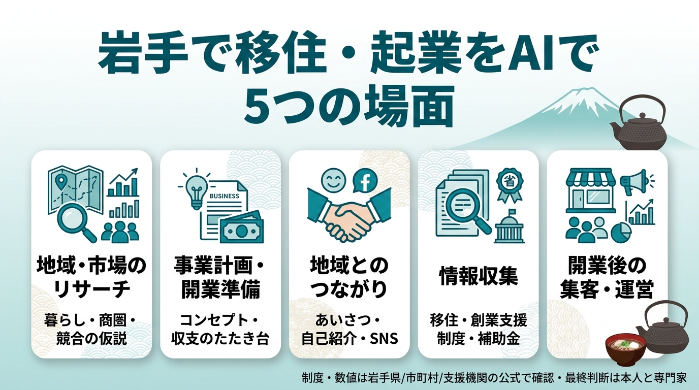 岩手で移住・起業をAIで進める5つの場面。①地域・市場のリサーチ(暮らし・商圏・競合の仮説)②事業計画・開業準備(コンセプト・収支のたたき台)③地域とのつながり(あいさつ・自己紹介・SNS)④情報収集(移住・創業支援制度・補助金)⑤開業後の集客・運営。制度・数値は岩手県/市町村/支援機関の公式で確認、最終判断は本人と専門家。