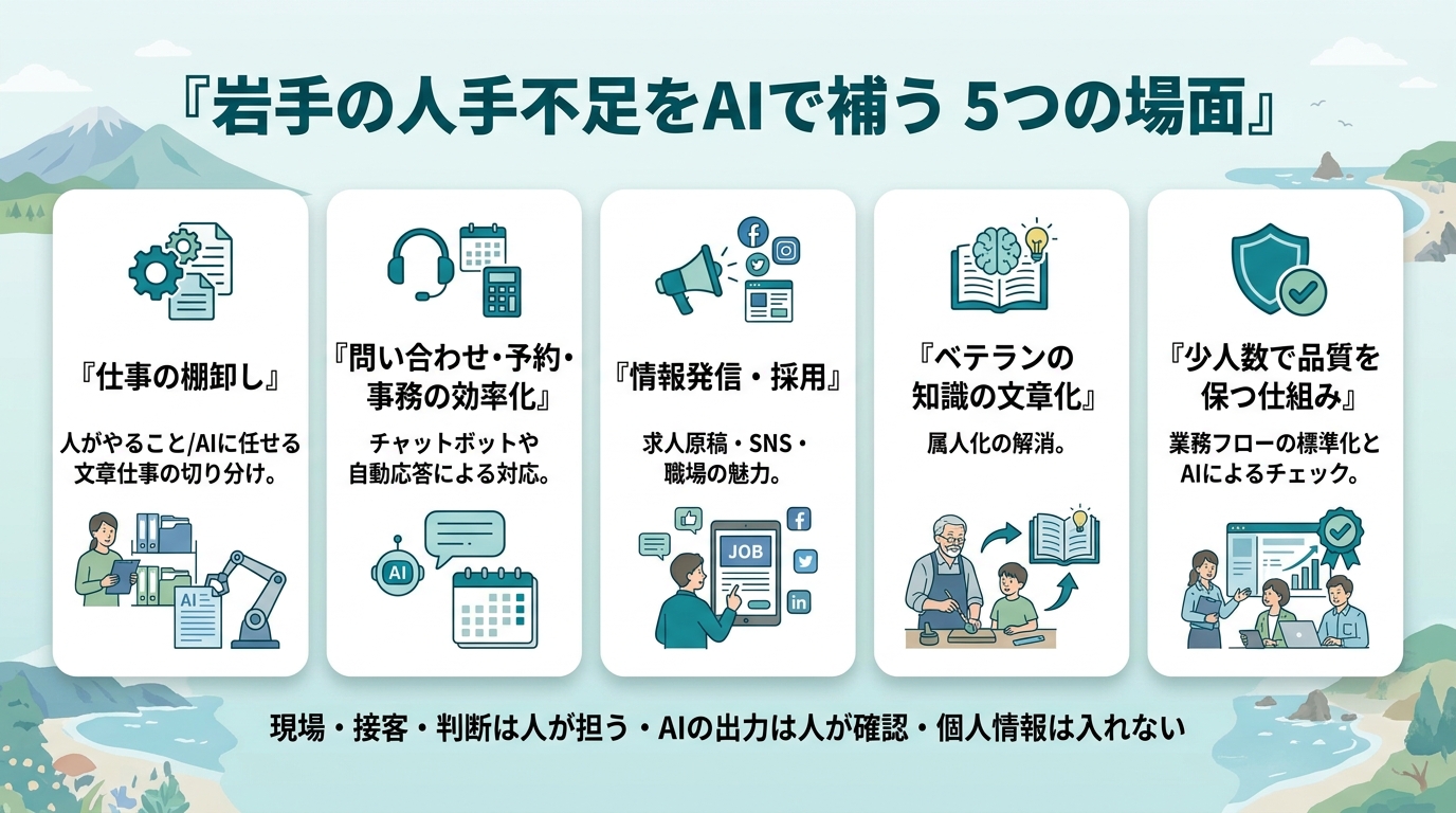 岩手の人手不足をAIで補う5つの場面。①仕事の棚卸し（人がやること/AIに任せる文章仕事の切り分け）②問い合わせ・予約・事務の効率化 ③情報発信・採用（求人原稿・SNS・職場の魅力）④ベテランの知識の文章化（属人化の解消）⑤少人数で品質を保つ仕組み。現場・接客・判断は人が担う、AIの出力は人が確認、個人情報は入れない。