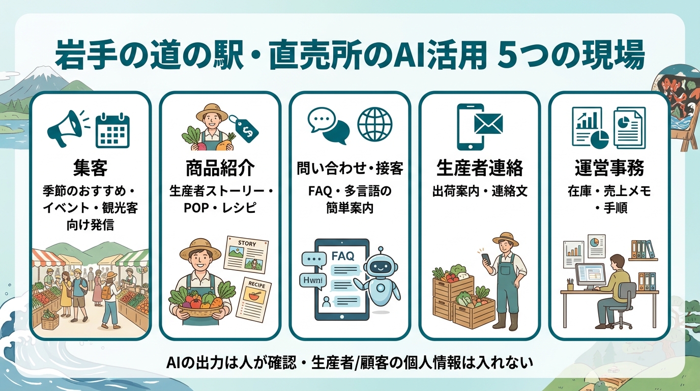 岩手の道の駅・直売所のAI活用 5つの現場。①集客（季節のおすすめ・イベント・観光客向け発信）②商品紹介（生産者ストーリー・POP・レシピ）③問い合わせ・接客（FAQ・多言語の簡単案内）④生産者連絡（出荷案内・連絡文）⑤運営事務（在庫・売上メモ・手順）。AIの出力は人が確認、生産者/顧客の個人情報は入れない。