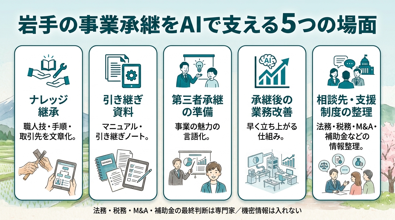 岩手の事業承継をAIで支える5つの場面。①ナレッジ継承（職人技・手順・取引先を文章化）②引き継ぎ資料（マニュアル・引き継ぎノート）③第三者承継の準備（事業の魅力の言語化）④承継後の業務改善（早く立ち上がる仕組み）⑤相談先・支援制度の整理。法務・税務・M&A・補助金の最終判断は専門家、機密情報は入れない。