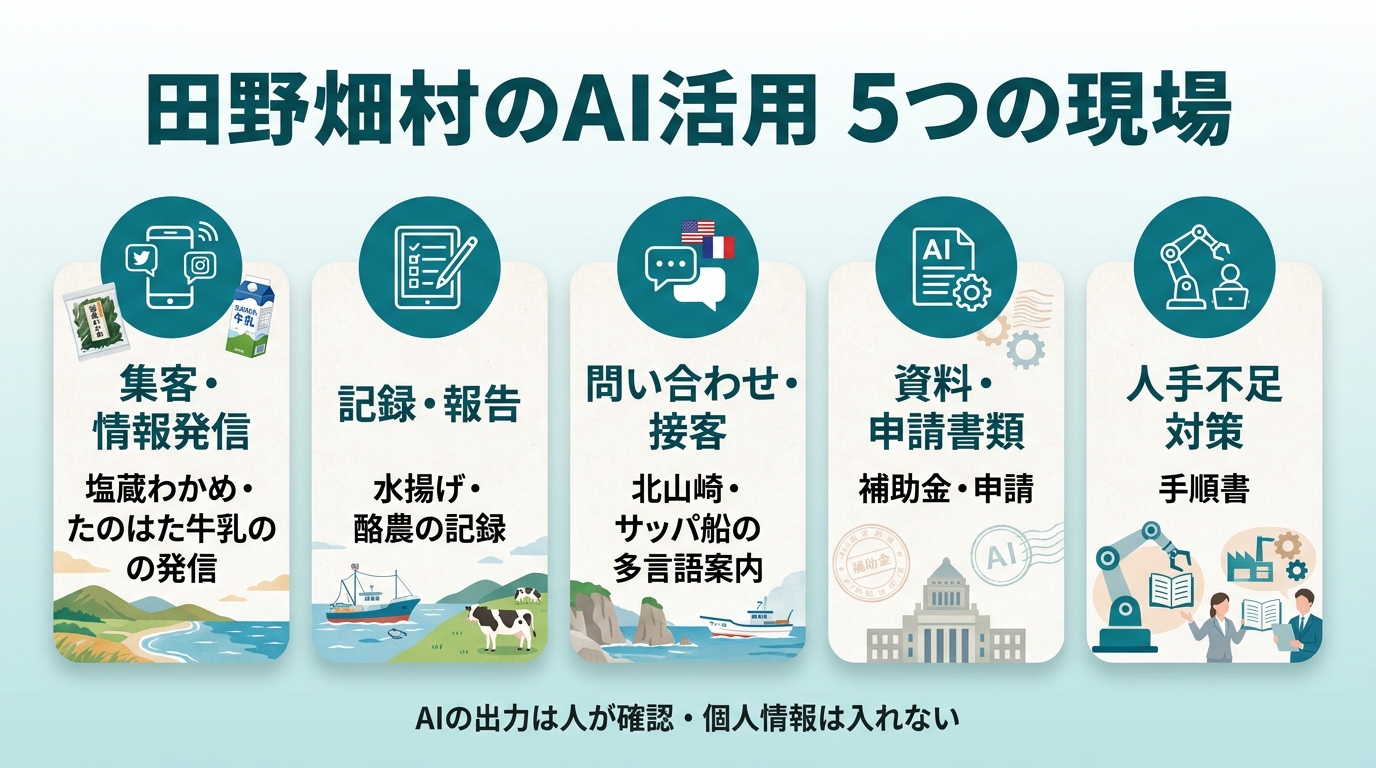 田野畑村のAI活用 5つの現場。①集客・情報発信（塩蔵わかめ・たのはた牛乳の発信）②記録・報告（水揚げ・酪農の記録）③問い合わせ・接客（北山崎・サッパ船の多言語案内）④資料・申請書類（補助金・申請）⑤人手不足対策（手順書）。AIの出力は人が確認、個人情報は入れない。