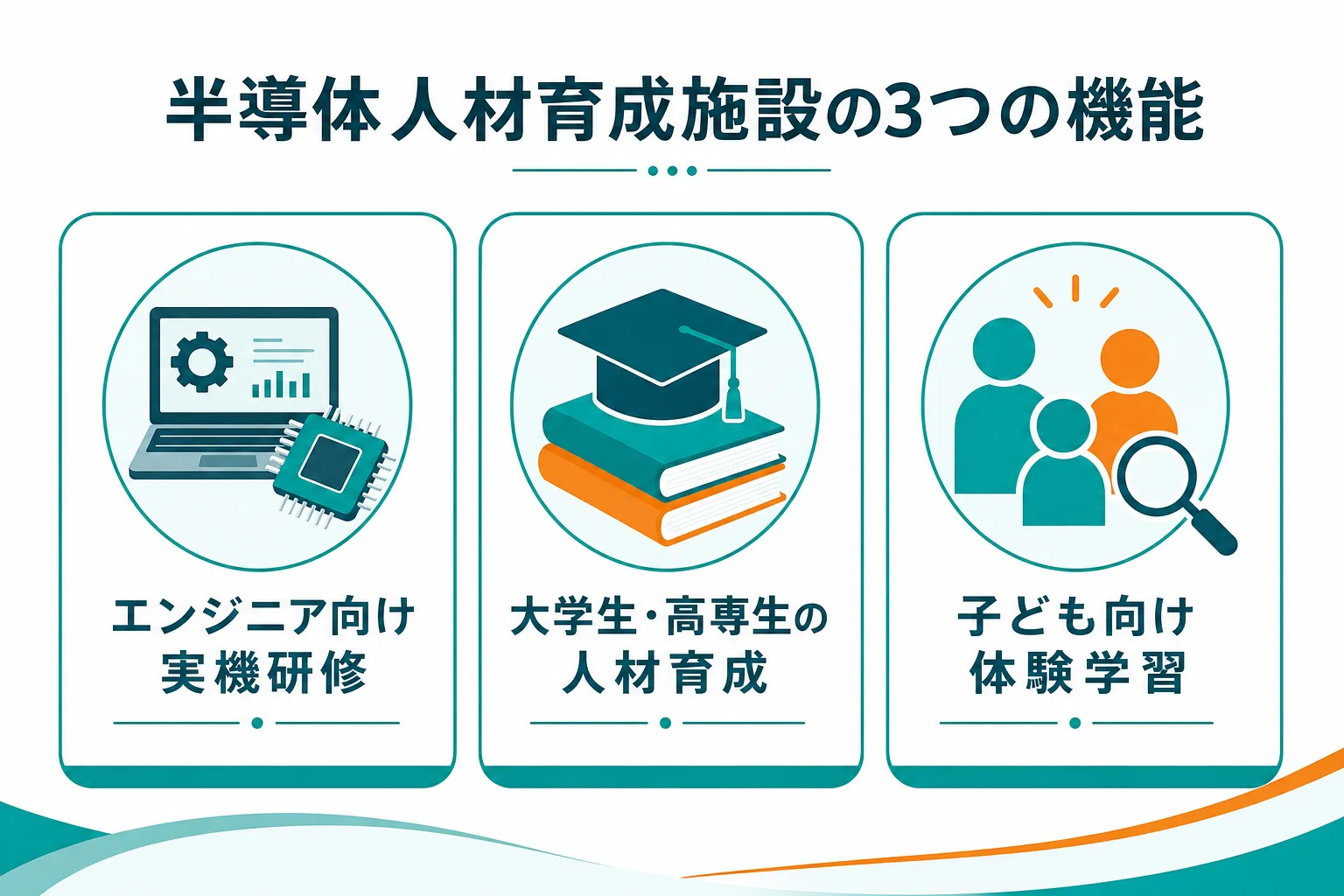 いわて半導体関連人材育成施設I-SPARKの機能を示す図解。半導体製造装置を使った実機研修、大学生・高専生向け人材育成、子ども向け体験学習の3つの機能を表示